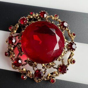 Vintage Scarlet Red Rhinestone Brooch, Signed Made in Austria Gold Tone Filigree